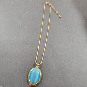 Blue Cats Eye Cabochon Pendant Necklace Gold Tone Chunky Statement 19"